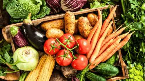 Mezcla de verduras frescas como tomates, zanahorias, patatas, maíz y calabacines